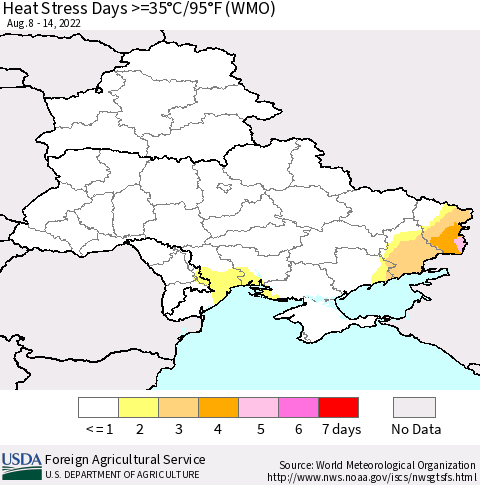 Ukraine, Moldova and Belarus Heat Stress Days >=35°C/95°F (WMO) Thematic Map For 8/8/2022 - 8/14/2022