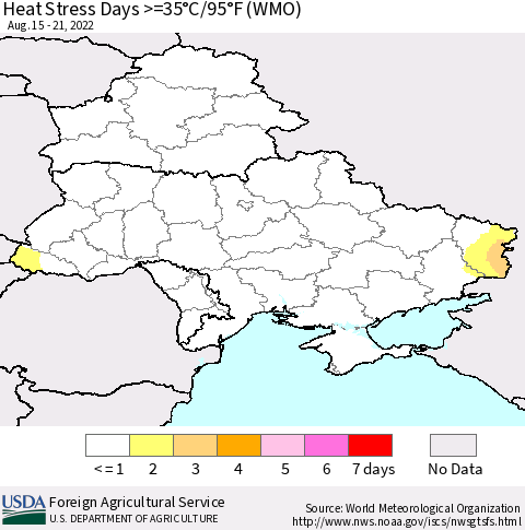 Ukraine, Moldova and Belarus Heat Stress Days >=35°C/95°F (WMO) Thematic Map For 8/15/2022 - 8/21/2022