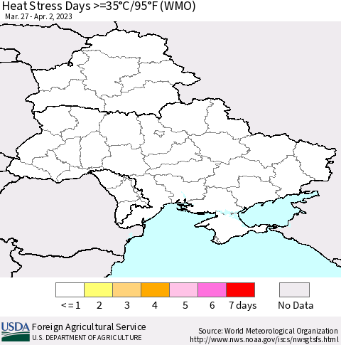 Ukraine, Moldova and Belarus Heat Stress Days >=35°C/95°F (WMO) Thematic Map For 3/27/2023 - 4/2/2023