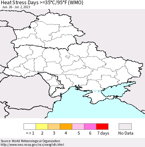 Ukraine, Moldova and Belarus Heat Stress Days >=35°C/95°F (WMO) Thematic Map For 6/26/2023 - 7/2/2023