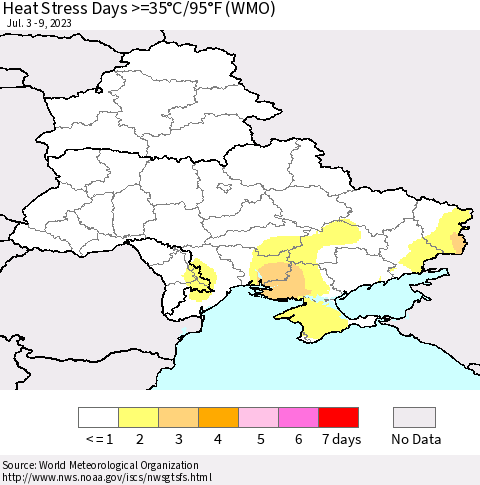 Ukraine, Moldova and Belarus Heat Stress Days >=35°C/95°F (WMO) Thematic Map For 7/3/2023 - 7/9/2023