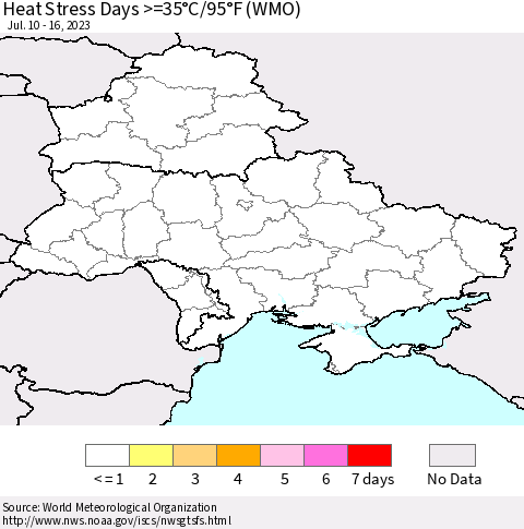 Ukraine, Moldova and Belarus Heat Stress Days >=35°C/95°F (WMO) Thematic Map For 7/10/2023 - 7/16/2023