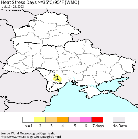 Ukraine, Moldova and Belarus Heat Stress Days >=35°C/95°F (WMO) Thematic Map For 7/17/2023 - 7/23/2023