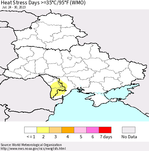 Ukraine, Moldova and Belarus Heat Stress Days >=35°C/95°F (WMO) Thematic Map For 7/24/2023 - 7/30/2023