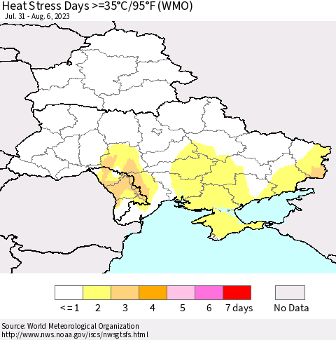 Ukraine, Moldova and Belarus Heat Stress Days >=35°C/95°F (WMO) Thematic Map For 7/31/2023 - 8/6/2023