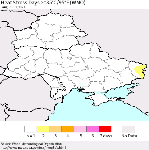 Ukraine, Moldova and Belarus Heat Stress Days >=35°C/95°F (WMO) Thematic Map For 8/7/2023 - 8/13/2023