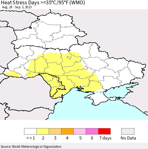 Ukraine, Moldova and Belarus Heat Stress Days >=35°C/95°F (WMO) Thematic Map For 8/28/2023 - 9/3/2023