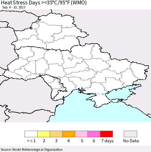 Ukraine, Moldova and Belarus Heat Stress Days >=35°C/95°F (WMO) Thematic Map For 9/4/2023 - 9/10/2023