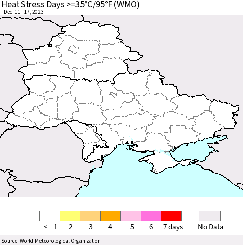 Ukraine, Moldova and Belarus Heat Stress Days >=35°C/95°F (WMO) Thematic Map For 12/11/2023 - 12/17/2023