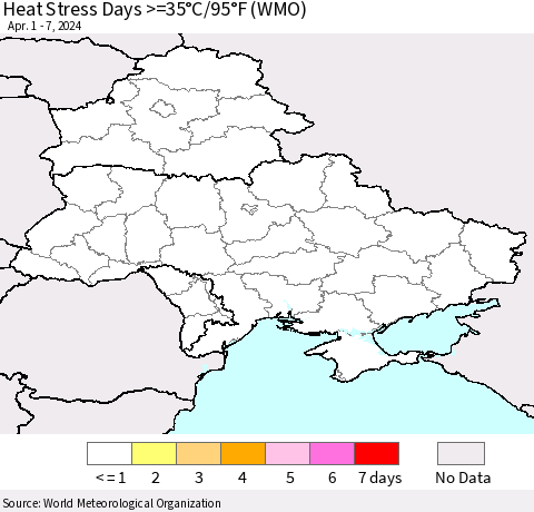 Ukraine, Moldova and Belarus Heat Stress Days >=35°C/95°F (WMO) Thematic Map For 4/1/2024 - 4/7/2024
