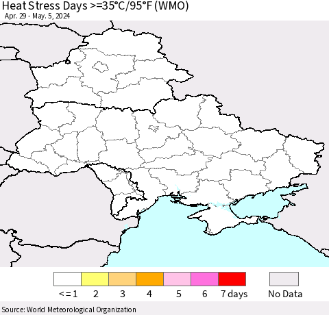 Ukraine, Moldova and Belarus Heat Stress Days >=35°C/95°F (WMO) Thematic Map For 4/29/2024 - 5/5/2024