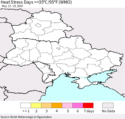 Ukraine, Moldova and Belarus Heat Stress Days >=35°C/95°F (WMO) Thematic Map For 5/13/2024 - 5/19/2024