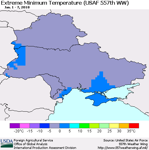 Ukraine, Moldova and Belarus Minimum Daily Temperature (USAF 557th WW) Thematic Map For 1/1/2018 - 1/7/2018
