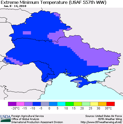 Ukraine, Moldova and Belarus Minimum Daily Temperature (USAF 557th WW) Thematic Map For 1/8/2018 - 1/14/2018