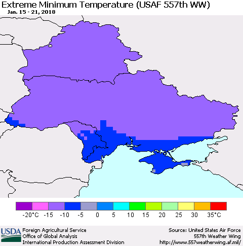 Ukraine, Moldova and Belarus Minimum Daily Temperature (USAF 557th WW) Thematic Map For 1/15/2018 - 1/21/2018