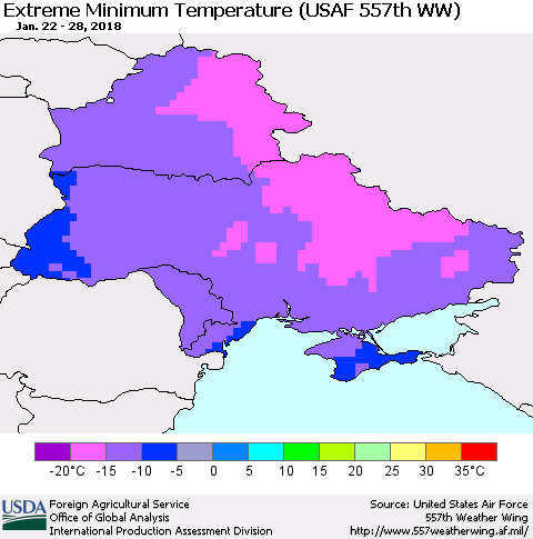 Ukraine, Moldova and Belarus Minimum Daily Temperature (USAF 557th WW) Thematic Map For 1/22/2018 - 1/28/2018