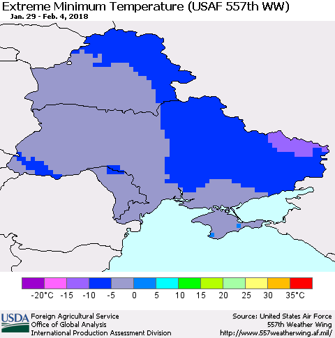 Ukraine, Moldova and Belarus Minimum Daily Temperature (USAF 557th WW) Thematic Map For 1/29/2018 - 2/4/2018