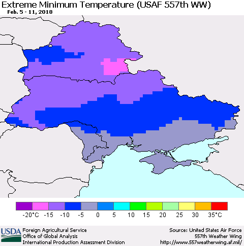 Ukraine, Moldova and Belarus Minimum Daily Temperature (USAF 557th WW) Thematic Map For 2/5/2018 - 2/11/2018