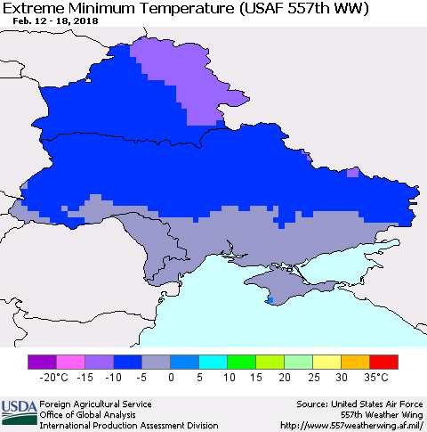 Ukraine, Moldova and Belarus Minimum Daily Temperature (USAF 557th WW) Thematic Map For 2/12/2018 - 2/18/2018