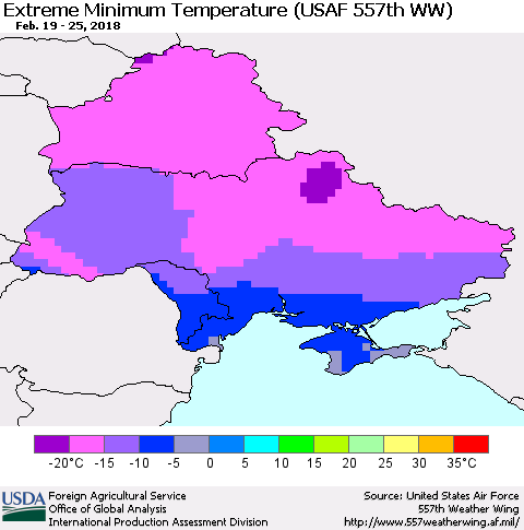 Ukraine, Moldova and Belarus Minimum Daily Temperature (USAF 557th WW) Thematic Map For 2/19/2018 - 2/25/2018