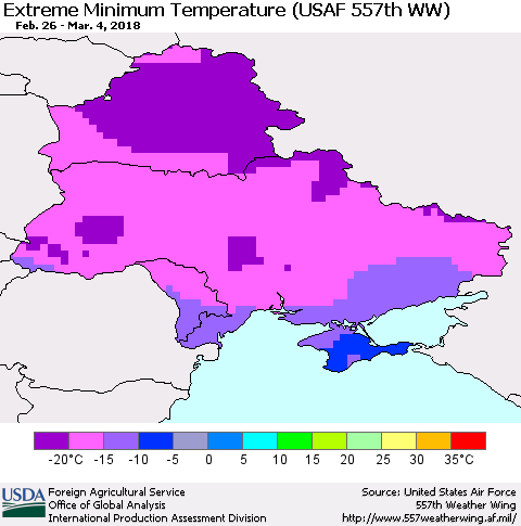 Ukraine, Moldova and Belarus Minimum Daily Temperature (USAF 557th WW) Thematic Map For 2/26/2018 - 3/4/2018