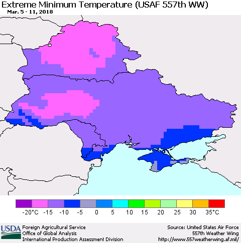 Ukraine, Moldova and Belarus Minimum Daily Temperature (USAF 557th WW) Thematic Map For 3/5/2018 - 3/11/2018
