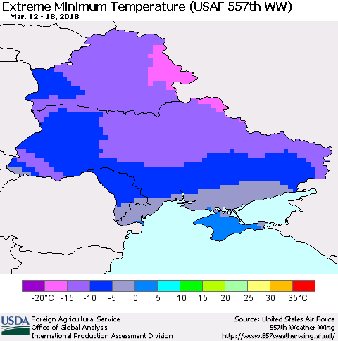 Ukraine, Moldova and Belarus Minimum Daily Temperature (USAF 557th WW) Thematic Map For 3/12/2018 - 3/18/2018