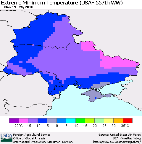 Ukraine, Moldova and Belarus Minimum Daily Temperature (USAF 557th WW) Thematic Map For 3/19/2018 - 3/25/2018