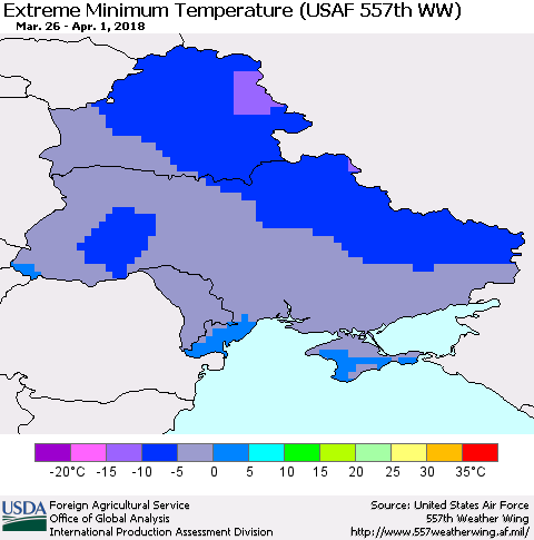 Ukraine, Moldova and Belarus Minimum Daily Temperature (USAF 557th WW) Thematic Map For 3/26/2018 - 4/1/2018