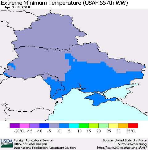 Ukraine, Moldova and Belarus Minimum Daily Temperature (USAF 557th WW) Thematic Map For 4/2/2018 - 4/8/2018