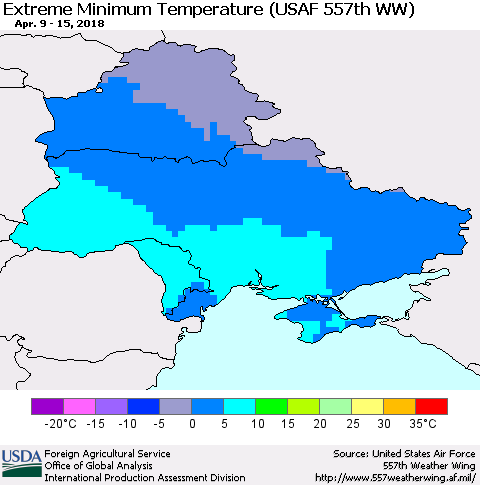 Ukraine, Moldova and Belarus Minimum Daily Temperature (USAF 557th WW) Thematic Map For 4/9/2018 - 4/15/2018