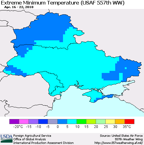 Ukraine, Moldova and Belarus Minimum Daily Temperature (USAF 557th WW) Thematic Map For 4/16/2018 - 4/22/2018