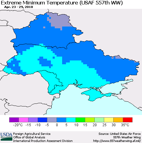 Ukraine, Moldova and Belarus Minimum Daily Temperature (USAF 557th WW) Thematic Map For 4/23/2018 - 4/29/2018