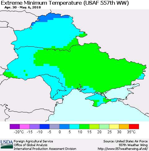 Ukraine, Moldova and Belarus Minimum Daily Temperature (USAF 557th WW) Thematic Map For 4/30/2018 - 5/6/2018