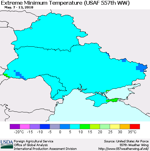Ukraine, Moldova and Belarus Minimum Daily Temperature (USAF 557th WW) Thematic Map For 5/7/2018 - 5/13/2018