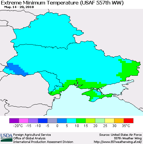 Ukraine, Moldova and Belarus Minimum Daily Temperature (USAF 557th WW) Thematic Map For 5/14/2018 - 5/20/2018