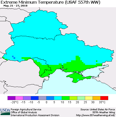 Ukraine, Moldova and Belarus Minimum Daily Temperature (USAF 557th WW) Thematic Map For 5/21/2018 - 5/27/2018