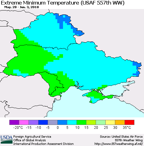 Ukraine, Moldova and Belarus Minimum Daily Temperature (USAF 557th WW) Thematic Map For 5/28/2018 - 6/3/2018