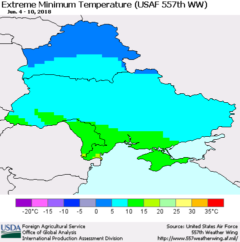 Ukraine, Moldova and Belarus Minimum Daily Temperature (USAF 557th WW) Thematic Map For 6/4/2018 - 6/10/2018