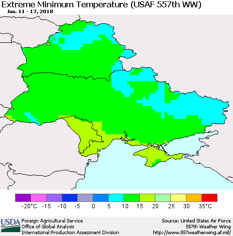 Ukraine, Moldova and Belarus Minimum Daily Temperature (USAF 557th WW) Thematic Map For 6/11/2018 - 6/17/2018