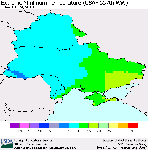 Ukraine, Moldova and Belarus Minimum Daily Temperature (USAF 557th WW) Thematic Map For 6/18/2018 - 6/24/2018