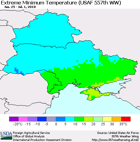 Ukraine, Moldova and Belarus Minimum Daily Temperature (USAF 557th WW) Thematic Map For 6/25/2018 - 7/1/2018