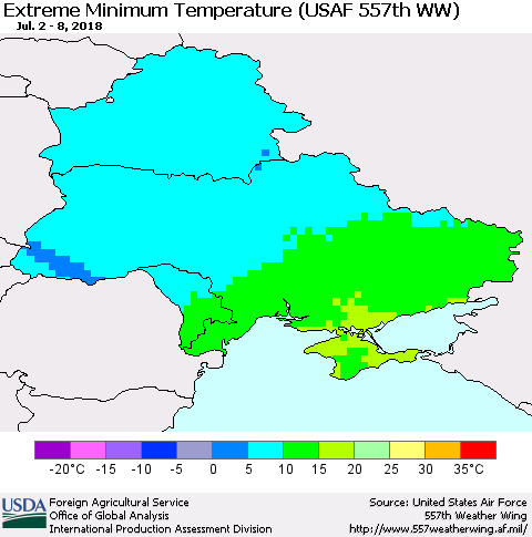 Ukraine, Moldova and Belarus Minimum Daily Temperature (USAF 557th WW) Thematic Map For 7/2/2018 - 7/8/2018