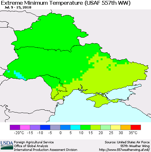 Ukraine, Moldova and Belarus Minimum Daily Temperature (USAF 557th WW) Thematic Map For 7/9/2018 - 7/15/2018
