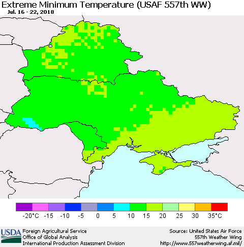 Ukraine, Moldova and Belarus Minimum Daily Temperature (USAF 557th WW) Thematic Map For 7/16/2018 - 7/22/2018