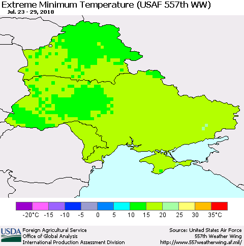Ukraine, Moldova and Belarus Minimum Daily Temperature (USAF 557th WW) Thematic Map For 7/23/2018 - 7/29/2018