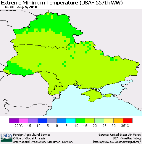 Ukraine, Moldova and Belarus Minimum Daily Temperature (USAF 557th WW) Thematic Map For 7/30/2018 - 8/5/2018