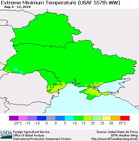Ukraine, Moldova and Belarus Minimum Daily Temperature (USAF 557th WW) Thematic Map For 8/6/2018 - 8/12/2018