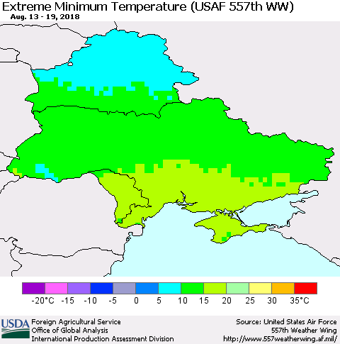 Ukraine, Moldova and Belarus Minimum Daily Temperature (USAF 557th WW) Thematic Map For 8/13/2018 - 8/19/2018