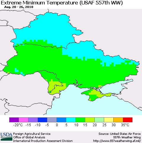 Ukraine, Moldova and Belarus Minimum Daily Temperature (USAF 557th WW) Thematic Map For 8/20/2018 - 8/26/2018